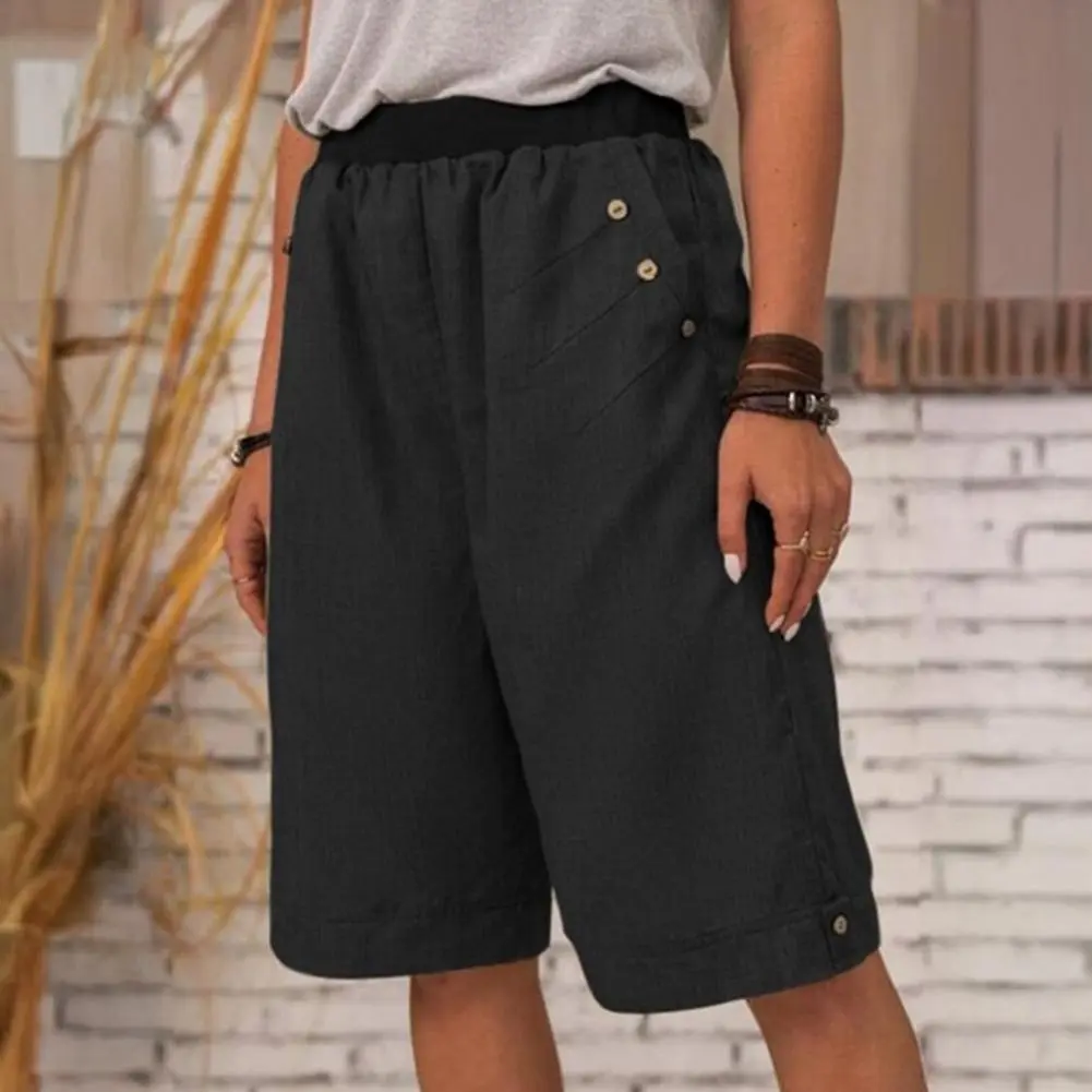 Elastic Waist Women Shorts Sporty Style Shorts Mid-rise Casual Women Casual Short Pants Solid Color Straight Wide Leg Shorts