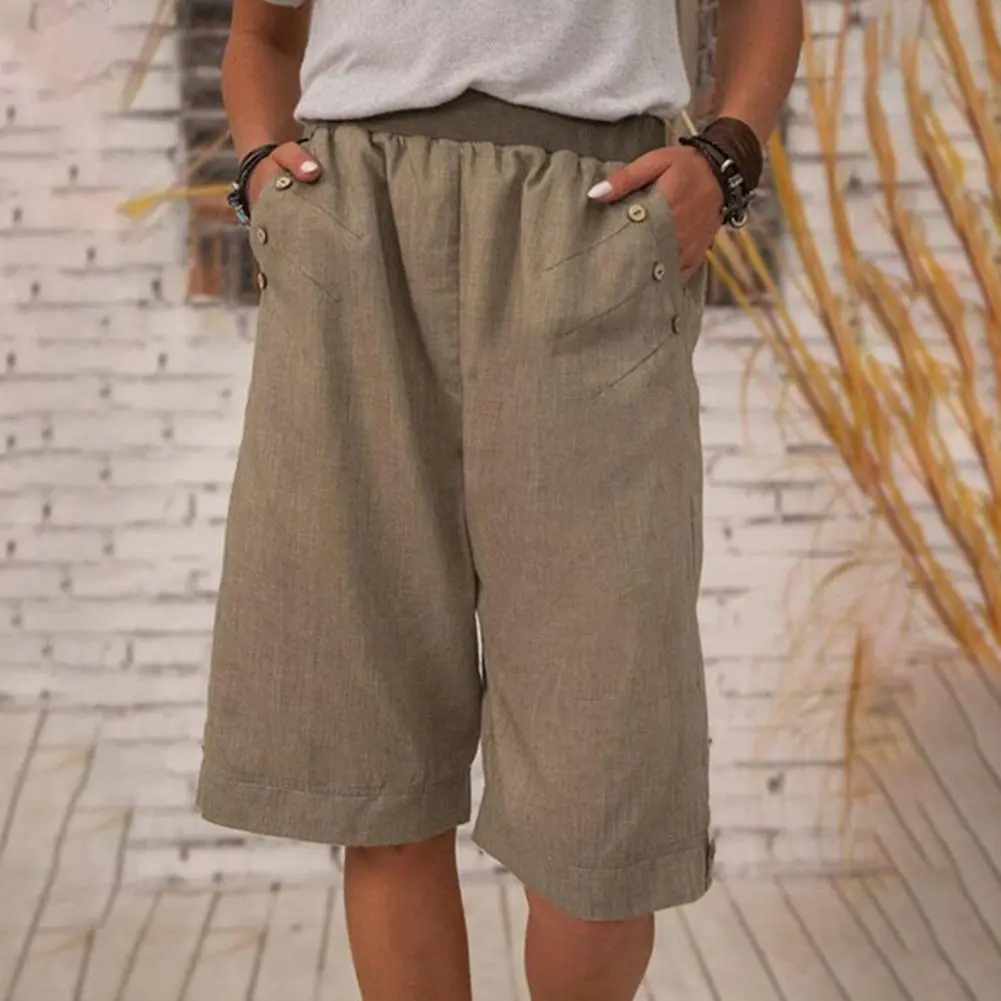 Elastic Waist Women Shorts Sporty Style Shorts Mid-rise Casual Women Casual Short Pants Solid Color Straight Wide Leg Shorts