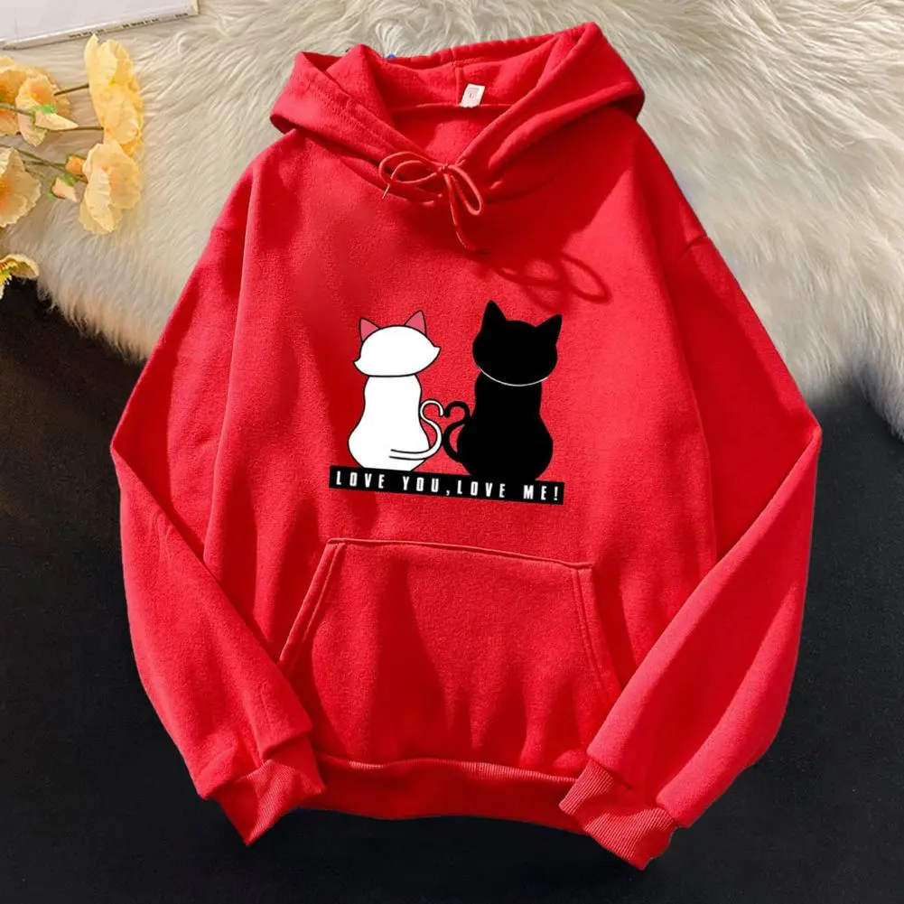 Pullover Women Hoodie Couple Hoodie Cartoon Cat Print Round Neck Long Sleeve Sweatshirts Korean Female Hooded Pullovers Sweater