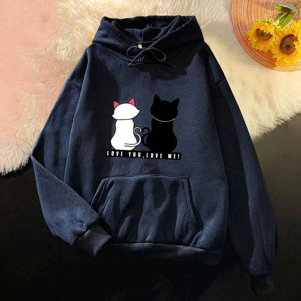 Pullover Women Hoodie Couple Hoodie Cartoon Cat Print Round Neck Long Sleeve Sweatshirts Korean Female Hooded Pullovers Sweater