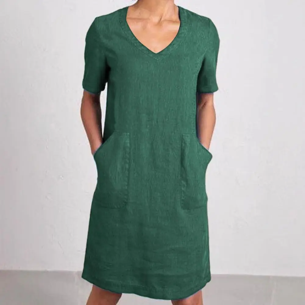 2025 new Women's Cotton Linen Shirt Dress Summer Short Sleeve V Neck Midi Dress Elegant Soft Fabric Shift Dress with Pockets