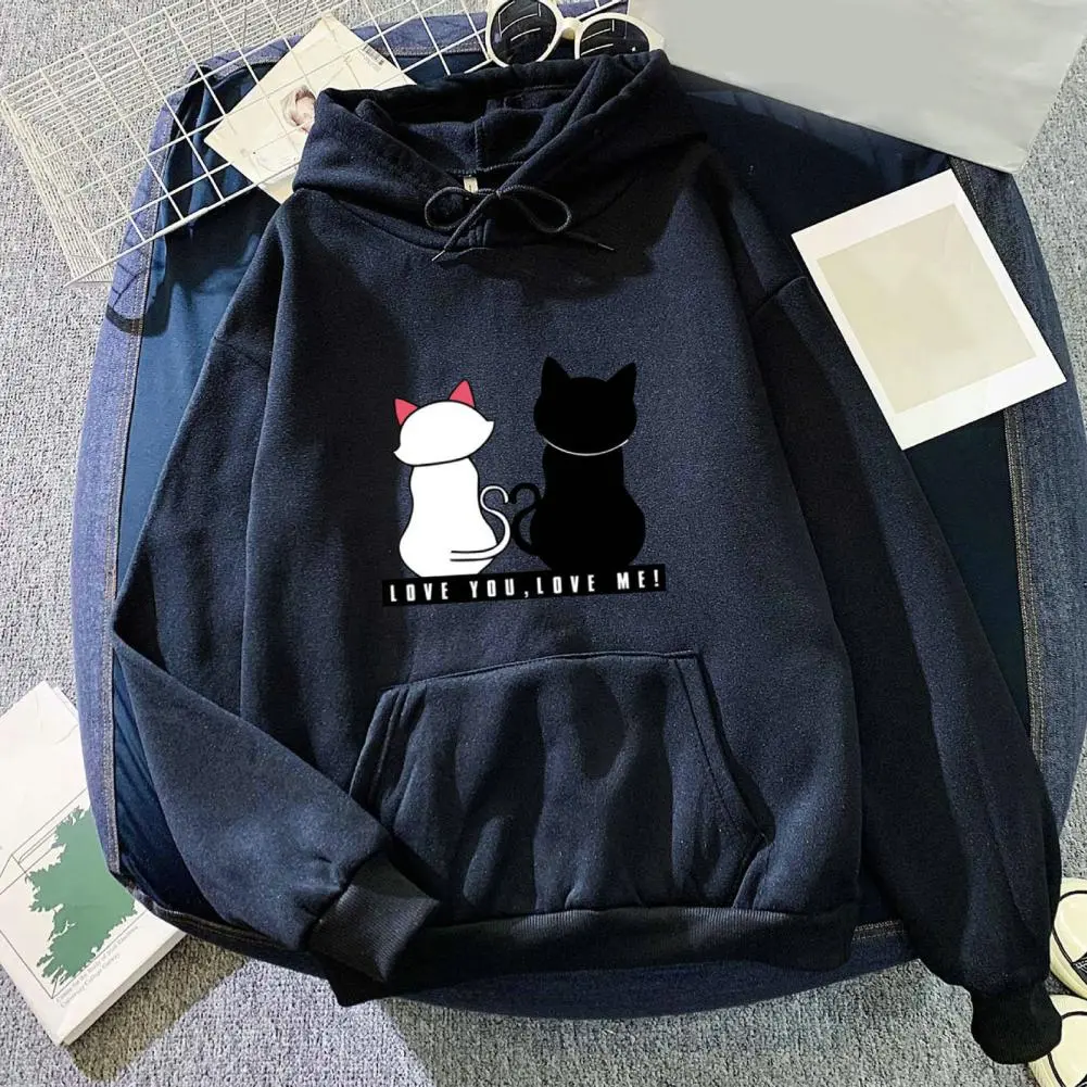 Pullover Women Hoodie Couple Hoodie Cartoon Cat Print Round Neck Long Sleeve Sweatshirts Korean Female Hooded Pullovers Sweater