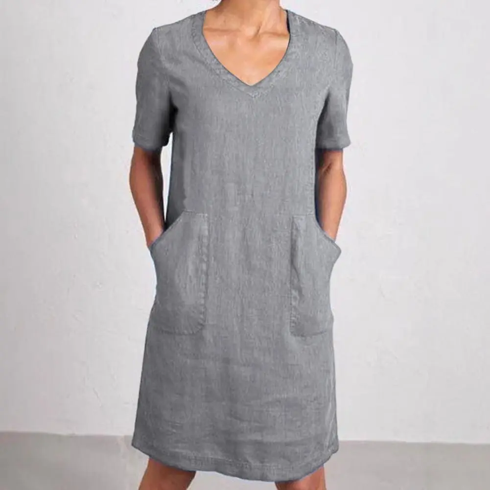 2025 new Women's Cotton Linen Shirt Dress Summer Short Sleeve V Neck Midi Dress Elegant Soft Fabric Shift Dress with Pockets