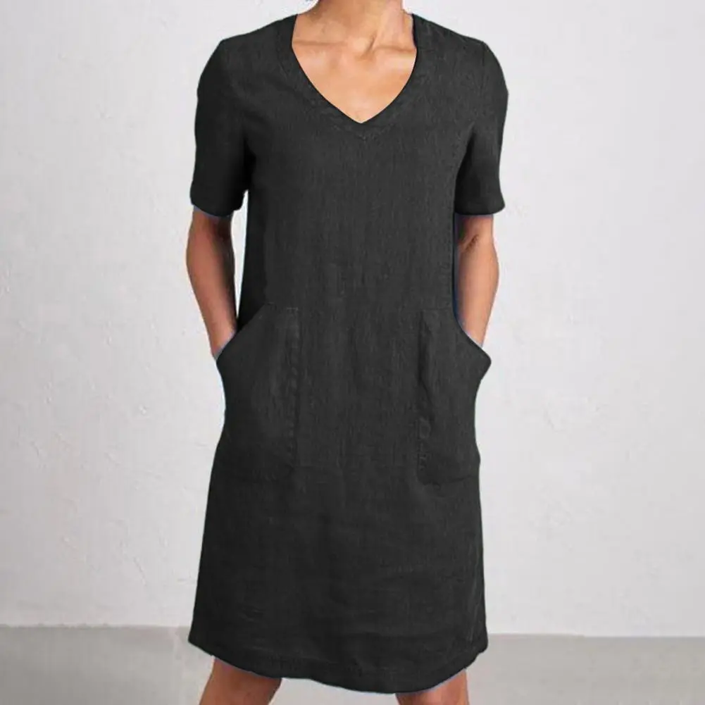 2025 new Women's Cotton Linen Shirt Dress Summer Short Sleeve V Neck Midi Dress Elegant Soft Fabric Shift Dress with Pockets