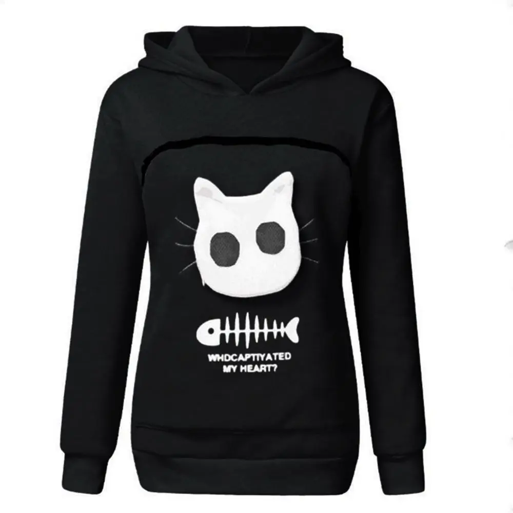 Super Big Pocket Women Sweatshirt Can Put In A Cat Kangaroo Pouch Women Hoodie Fish Bone Print Hoodie Pets Holder Sweatshirt