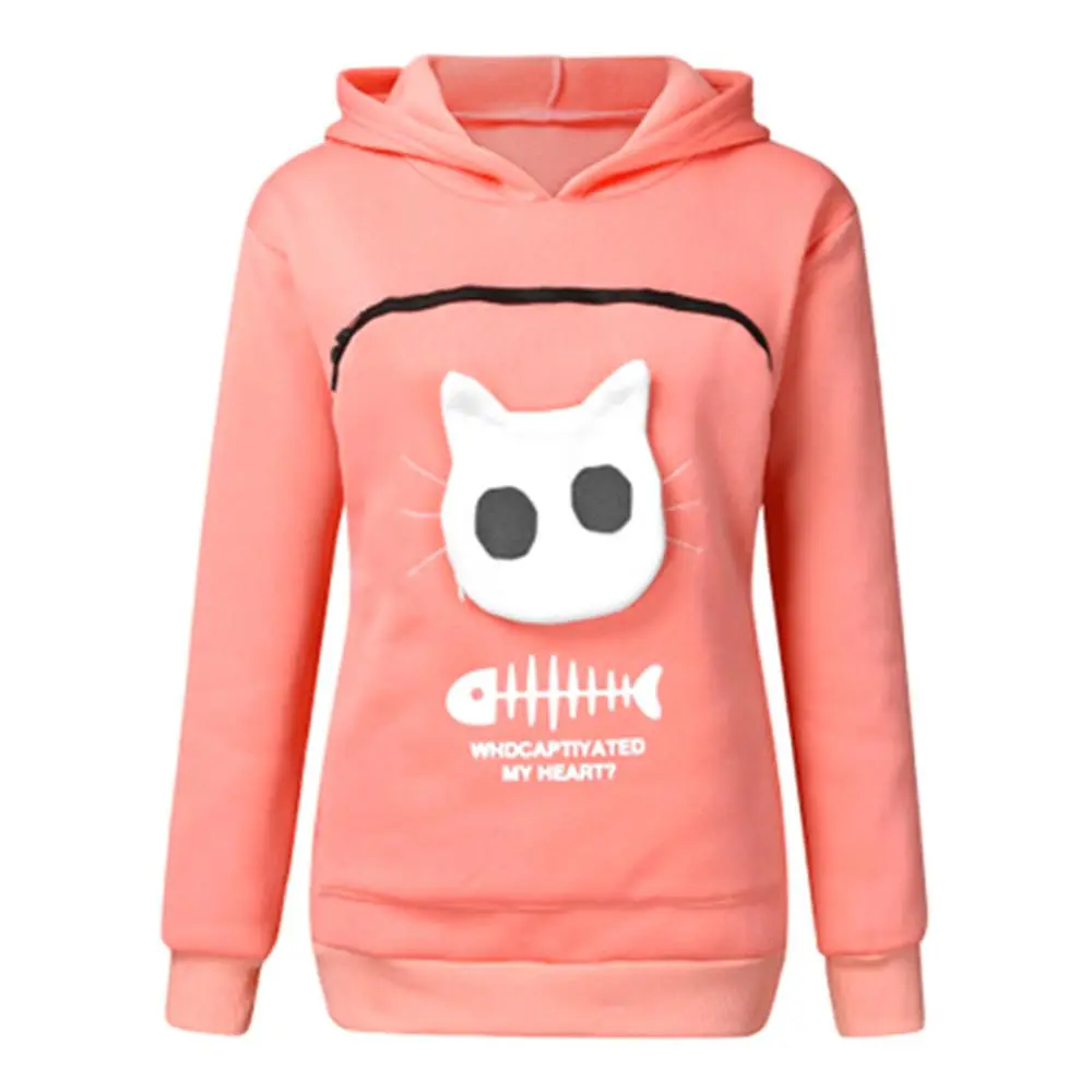 Super Big Pocket Women Sweatshirt Can Put In A Cat Kangaroo Pouch Women Hoodie Fish Bone Print Hoodie Pets Holder Sweatshirt