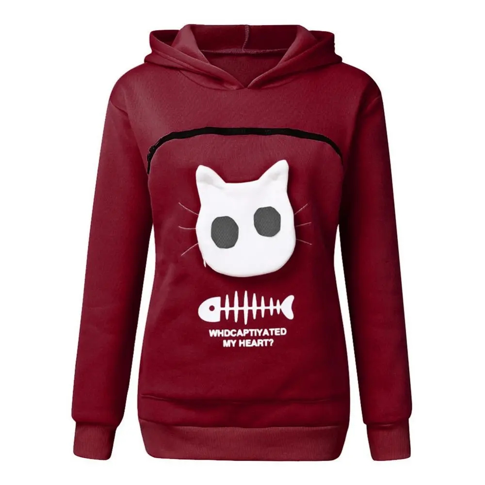 Super Big Pocket Women Sweatshirt Can Put In A Cat Kangaroo Pouch Women Hoodie Fish Bone Print Hoodie Pets Holder Sweatshirt