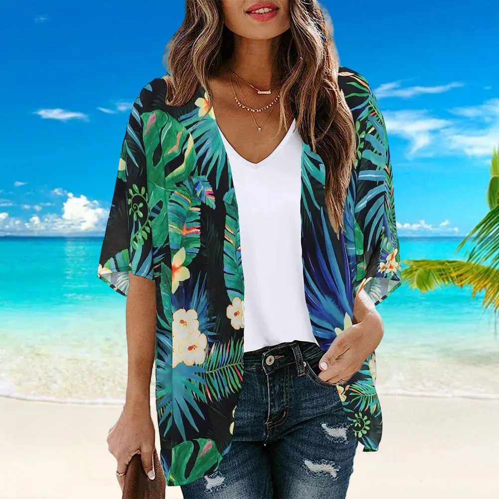 2025 Women Beach Shirt Flower Print Short Sleeve Open Stitch Chiffon Printed Cardigan Sun Protection Anti-UV Beach Cover-up Top