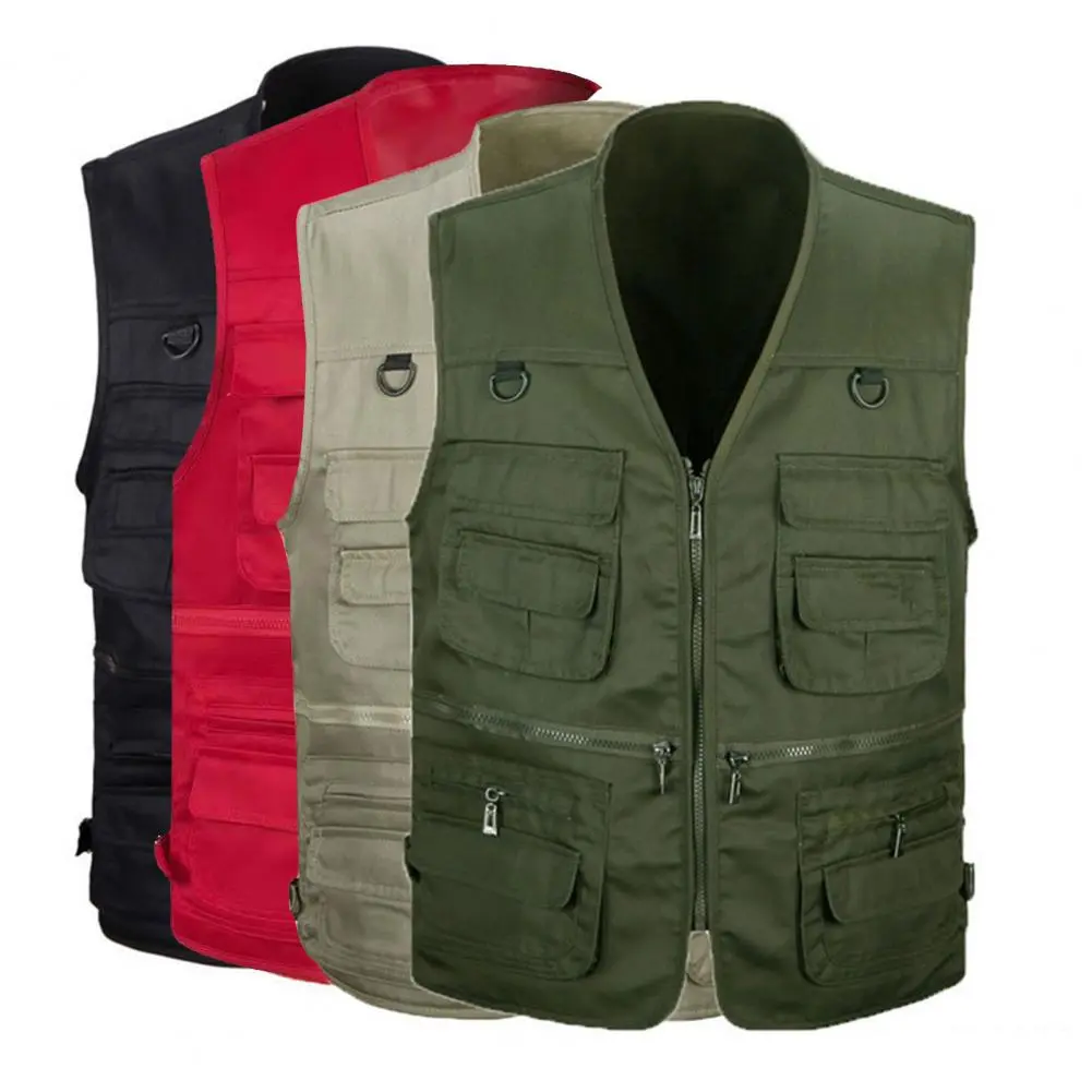 2025 Men Waistcoat Solid Color Multi Pockets Zipper Sleeveless Spring Vest for Fishing