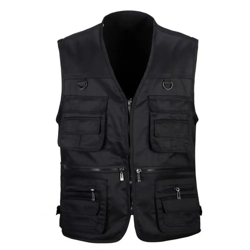 2025 Men Waistcoat Solid Color Multi Pockets Zipper Sleeveless Spring Vest for Fishing