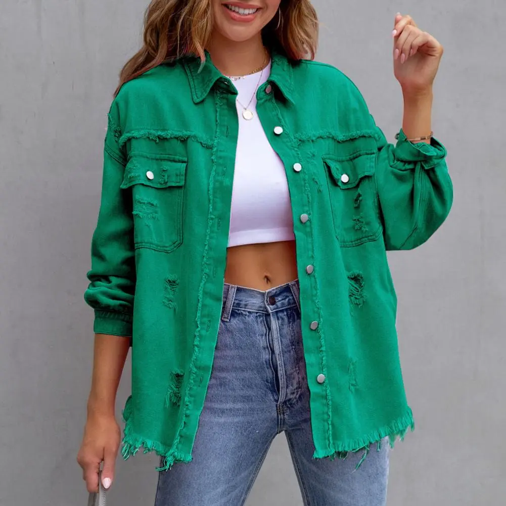 Women Denim Jackets Ripped Pocket Single-breasted Holes Raw-edges Denim Jacket Long Sleeve Lapel Chest Pocket Slim Jeans Jacket