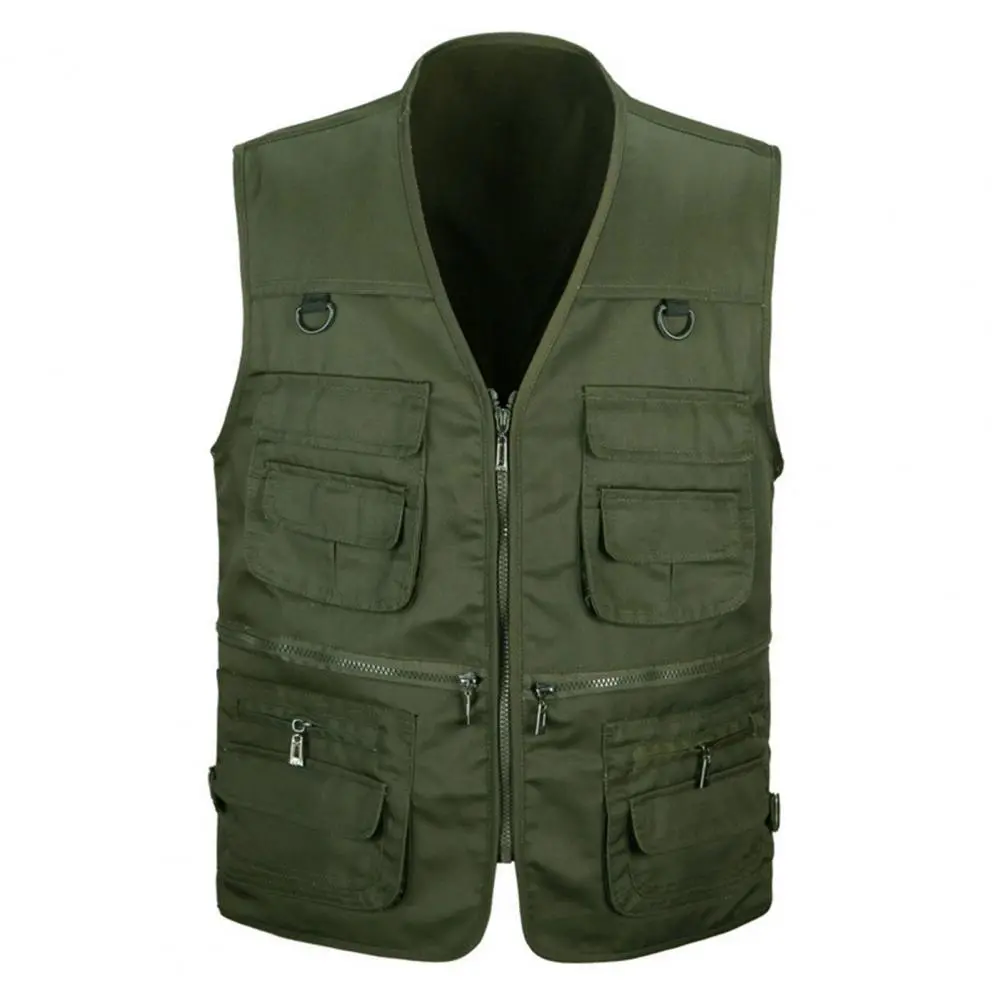 2025 Men Waistcoat Solid Color Multi Pockets Zipper Sleeveless Spring Vest for Fishing