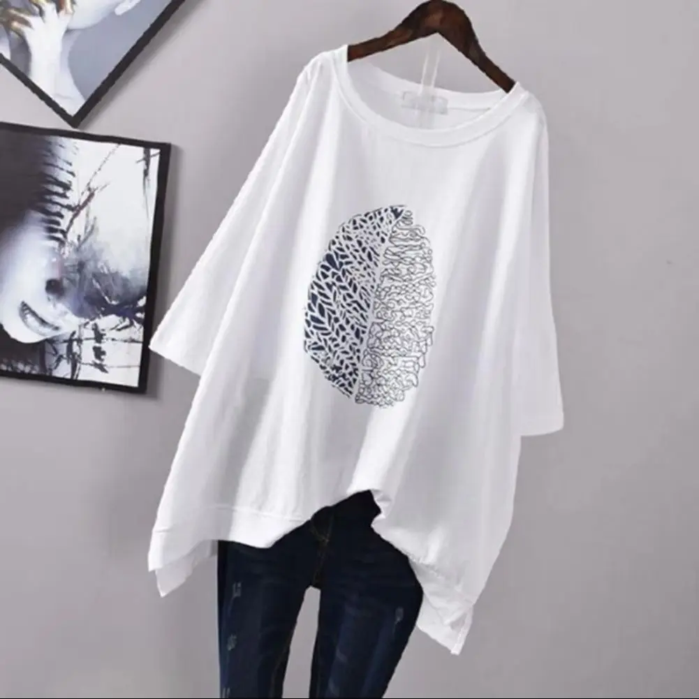 Women T-shirt 2025 Short Sleeve Leaf Print Irregular Hem Loose Blouse Top Summer Leaf Print Irregular Hem Blouse Female Tshirt