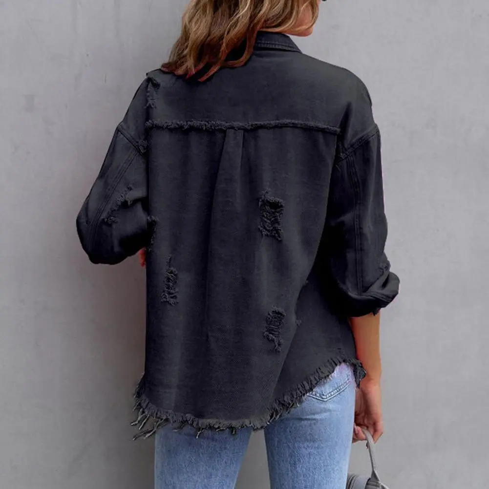 Women Denim Jackets Ripped Pocket Single-breasted Holes Raw-edges Denim Jacket Long Sleeve Lapel Chest Pocket Slim Jeans Jacket