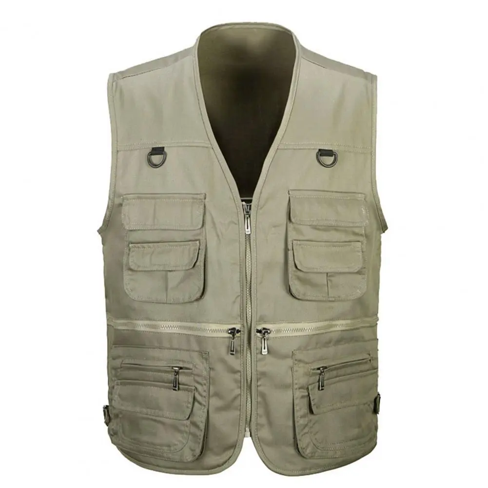 2025 Men Waistcoat Solid Color Multi Pockets Zipper Sleeveless Spring Vest for Fishing