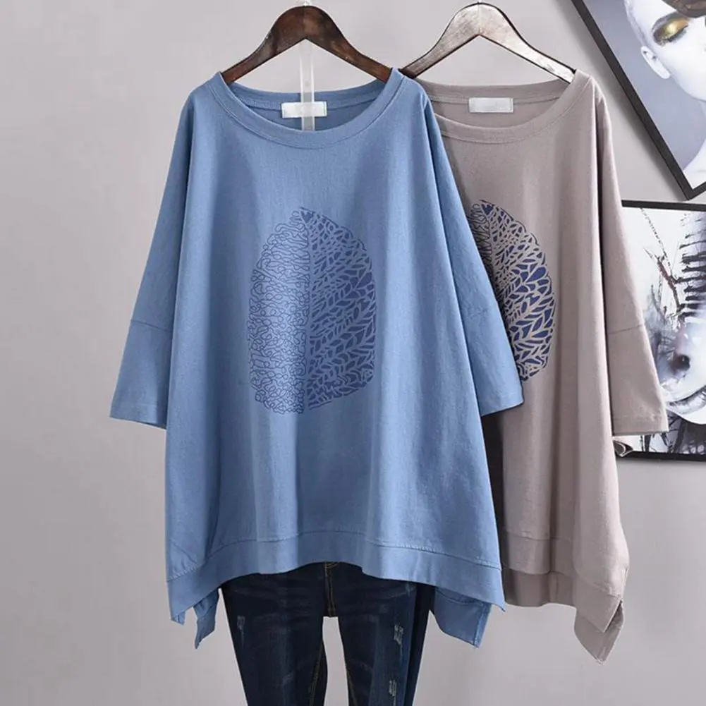 Women T-shirt 2025 Short Sleeve Leaf Print Irregular Hem Loose Blouse Top Summer Leaf Print Irregular Hem Blouse Female Tshirt