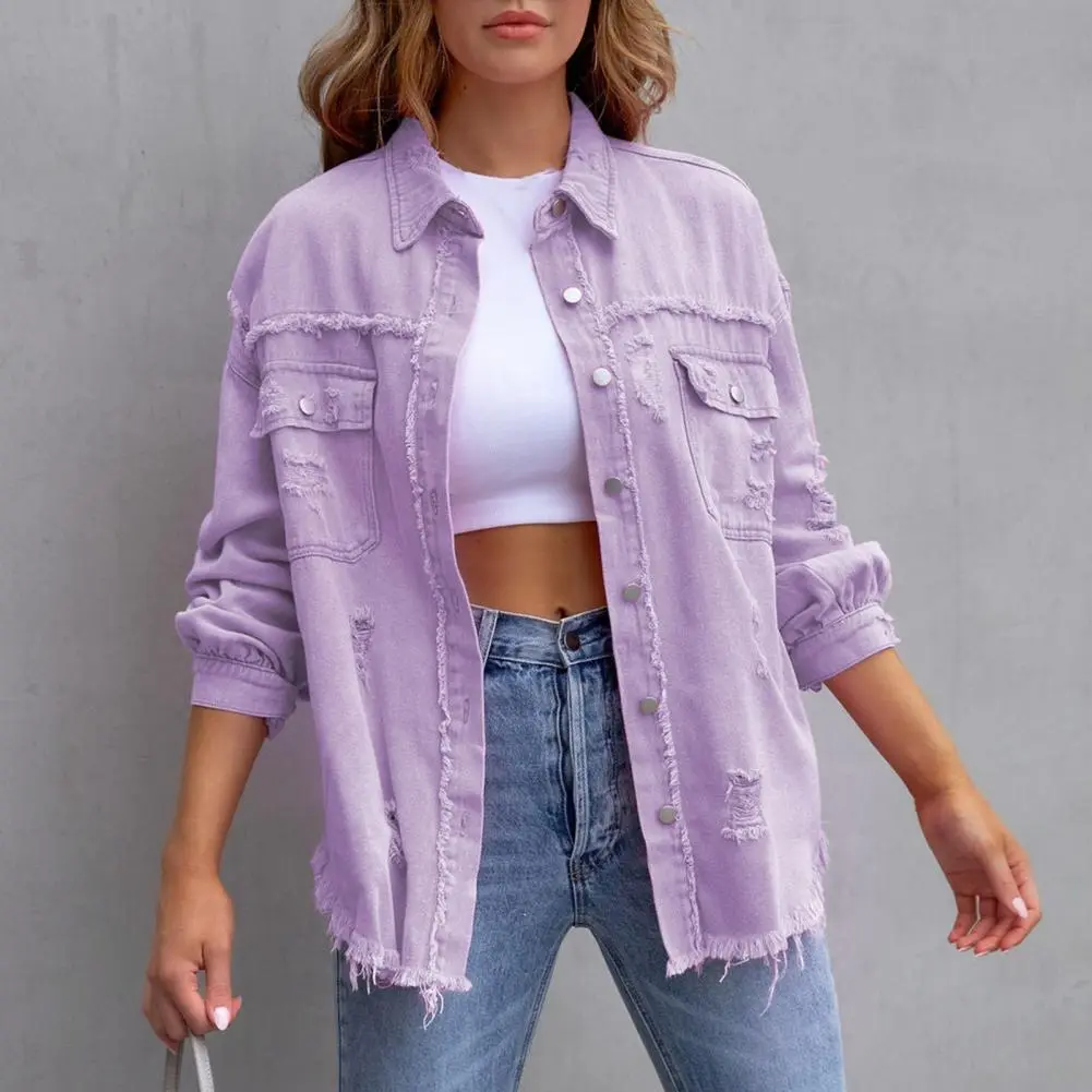 Women Denim Jackets Ripped Pocket Single-breasted Holes Raw-edges Denim Jacket Long Sleeve Lapel Chest Pocket Slim Jeans Jacket