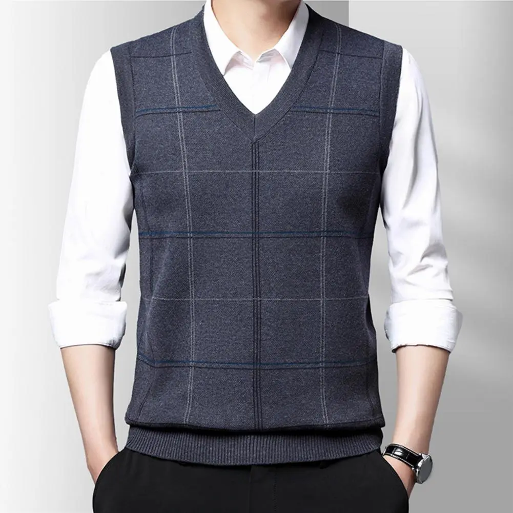 Men Sleeveless Sweater Vest Cozy Knitted Vest Stylish Mid-aged Men's Sweater Vests Knitted Plaid Print Soft Warm for Fall Spring