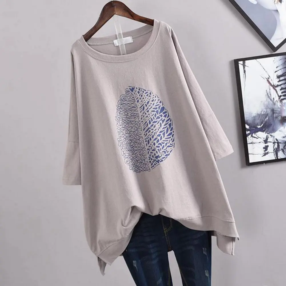 Women T-shirt 2025 Short Sleeve Leaf Print Irregular Hem Loose Blouse Top Summer Leaf Print Irregular Hem Blouse Female Tshirt