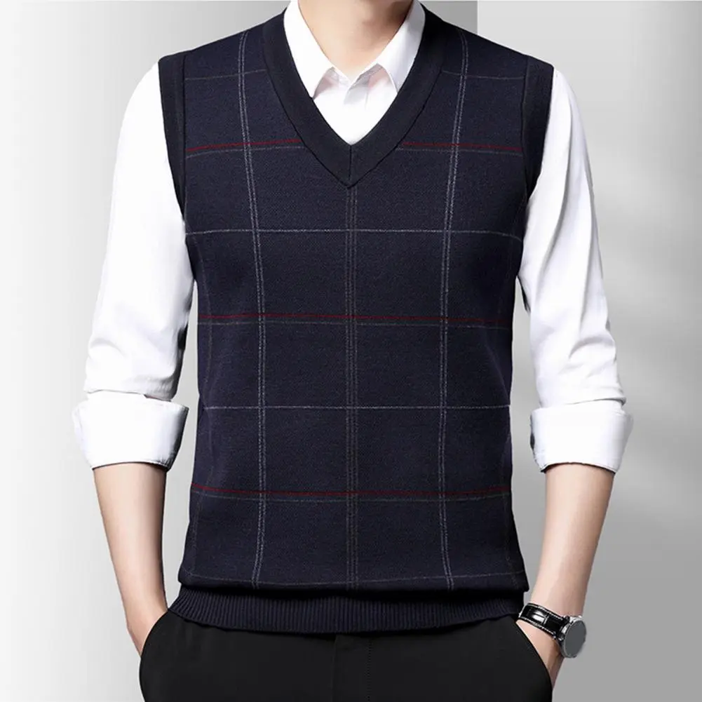Men Sleeveless Sweater Vest Cozy Knitted Vest Stylish Mid-aged Men's Sweater Vests Knitted Plaid Print Soft Warm for Fall Spring