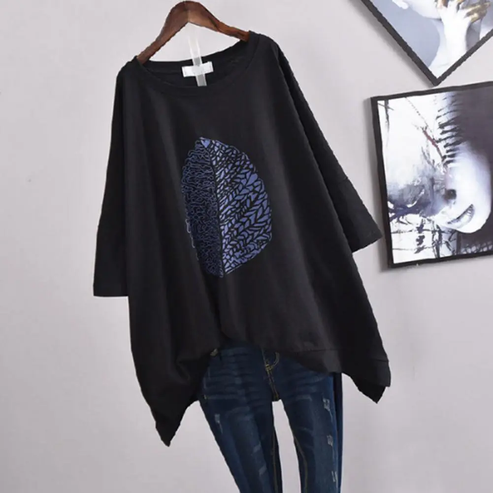 Women T-shirt 2025 Short Sleeve Leaf Print Irregular Hem Loose Blouse Top Summer Leaf Print Irregular Hem Blouse Female Tshirt