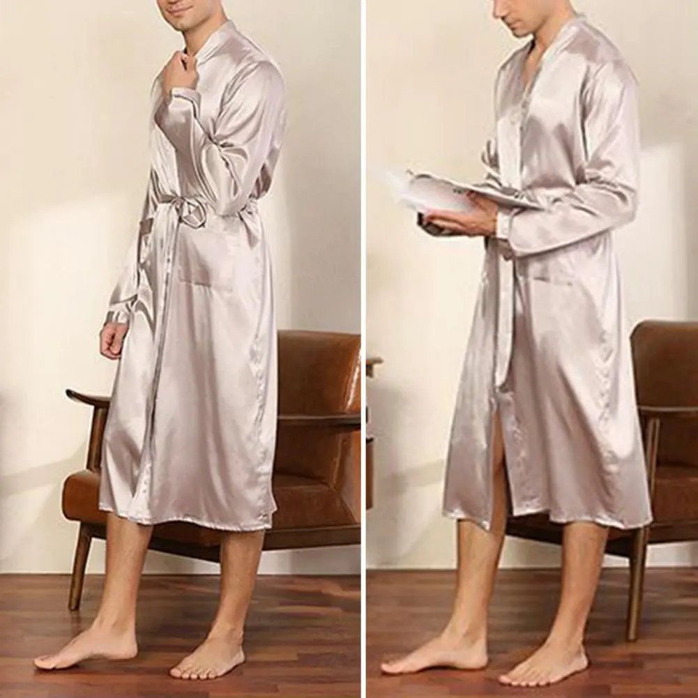 Men Soft Nightgown Men Bathrobe Soft Breathable Men's Satin V Neck Bathrobe with Lace Up Waist Belt Long Sleeves for Fall