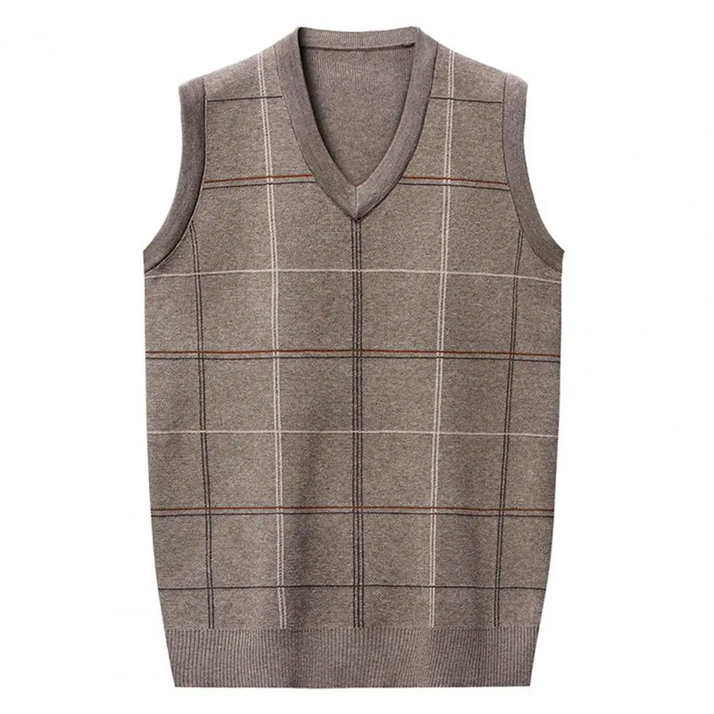 Men Sleeveless Sweater Vest Cozy Knitted Vest Stylish Mid-aged Men's Sweater Vests Knitted Plaid Print Soft Warm for Fall Spring