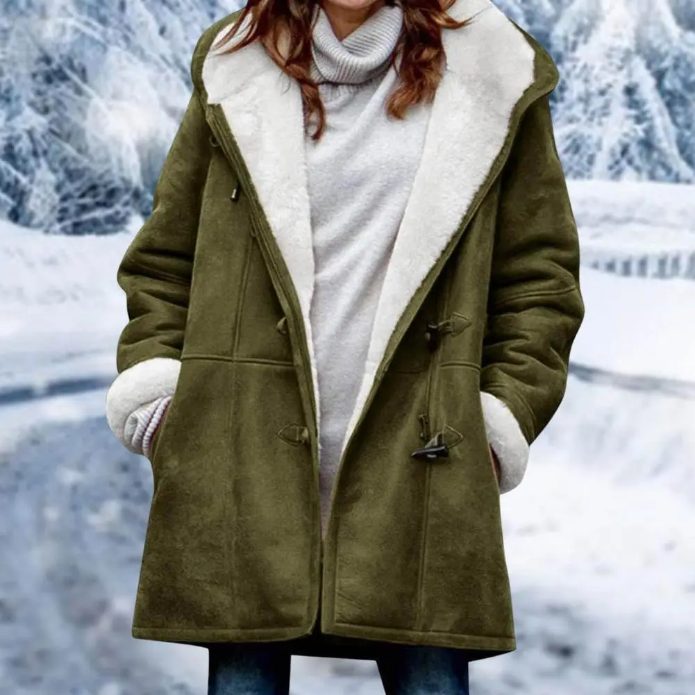 2023 Horn Buttons Women Fuzzy Jacket Fleece Lined Hooded Horn Buttons Medium Length Overcoat Winter Windproof Furry Outerwear