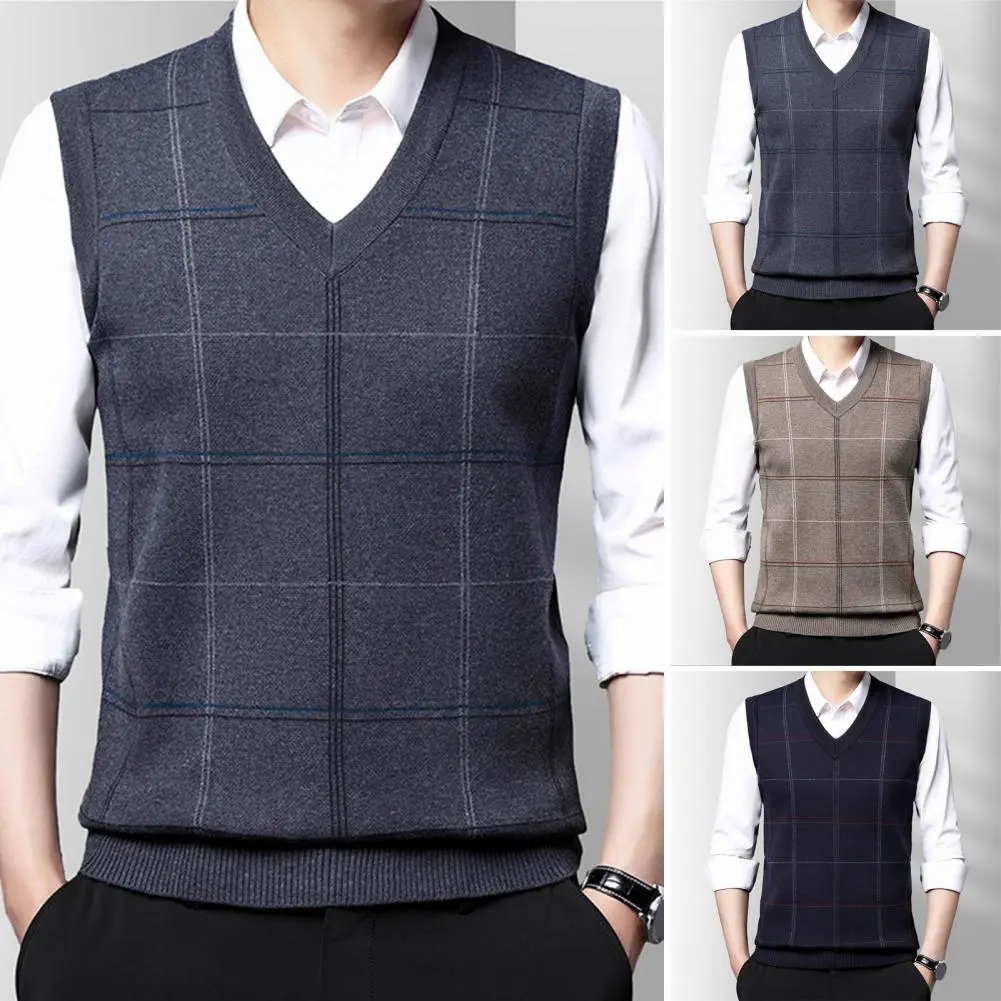 Men Sleeveless Sweater Vest Cozy Knitted Vest Stylish Mid-aged Men's Sweater Vests Knitted Plaid Print Soft Warm for Fall Spring