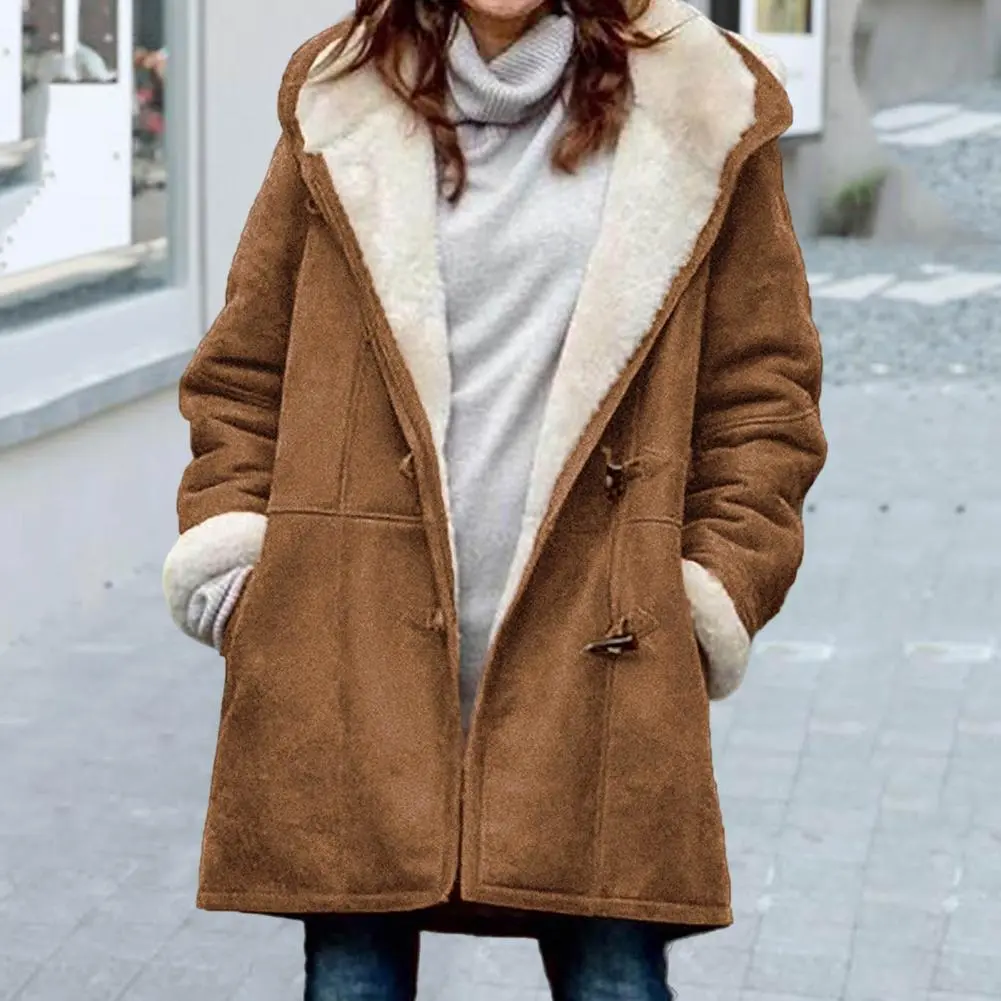 2023 Horn Buttons Women Fuzzy Jacket Fleece Lined Hooded Horn Buttons Medium Length Overcoat Winter Windproof Furry Outerwear