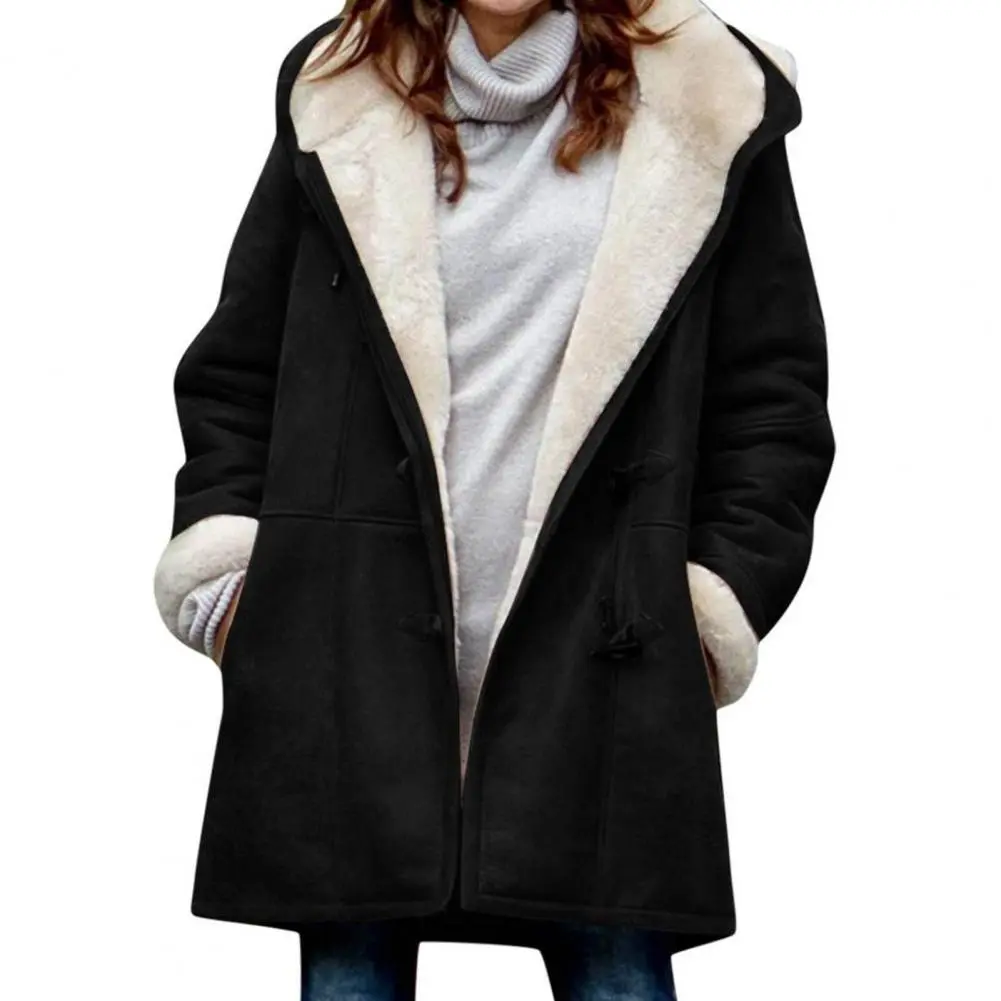 2023 Horn Buttons Women Fuzzy Jacket Fleece Lined Hooded Horn Buttons Medium Length Overcoat Winter Windproof Furry Outerwear