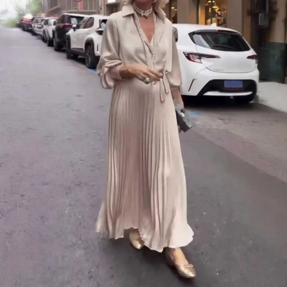 Women V-neck Pleated Dress Lace-up High Waist Pleated Hem Shirt Dress Soft Fabric Comfortable Breathable Loose Maxi Dress