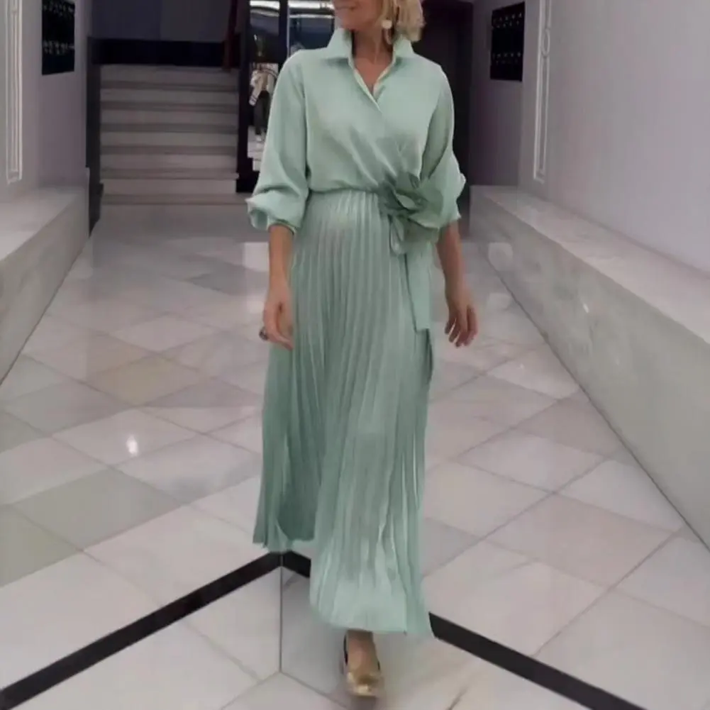 Women V-neck Pleated Dress Lace-up High Waist Pleated Hem Shirt Dress Soft Fabric Comfortable Breathable Loose Maxi Dress