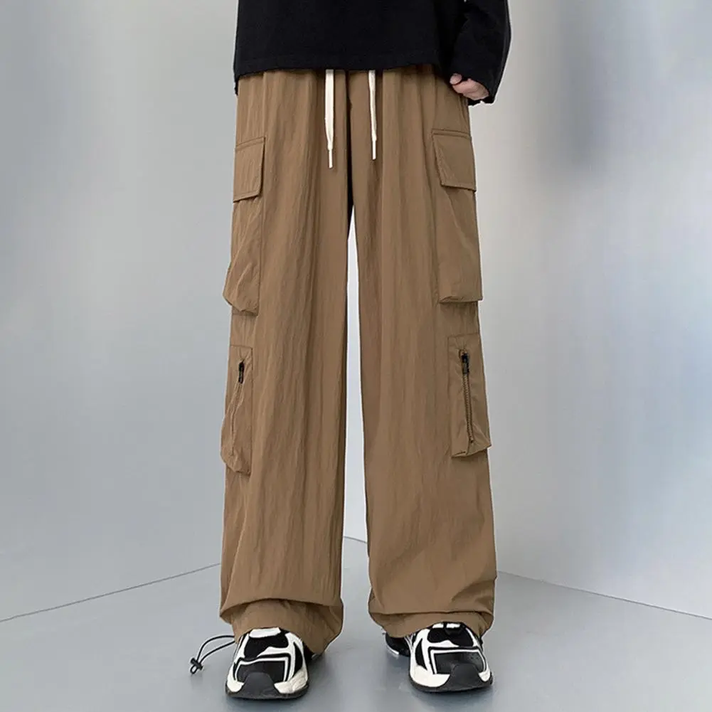 2024 Maillard Style Men Cargo Pants New Brown Drawstring Wide Leg Straight Leg Pants Multi Pockets Hip Hop Streetwear Trousers