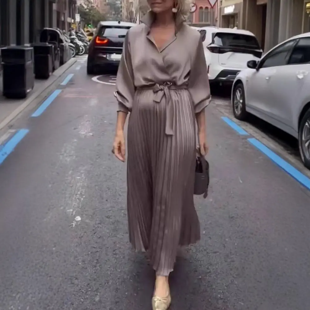 Women V-neck Pleated Dress Lace-up High Waist Pleated Hem Shirt Dress Soft Fabric Comfortable Breathable Loose Maxi Dress