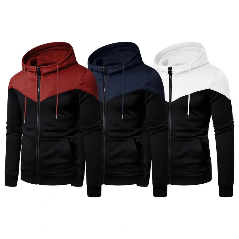 Men Hoodie Coat Men Sweatshirt Coat Contrast Color Hooded Sweatshirt Coat Men's Winter Jacket with Zipper Placket Long Sleeve