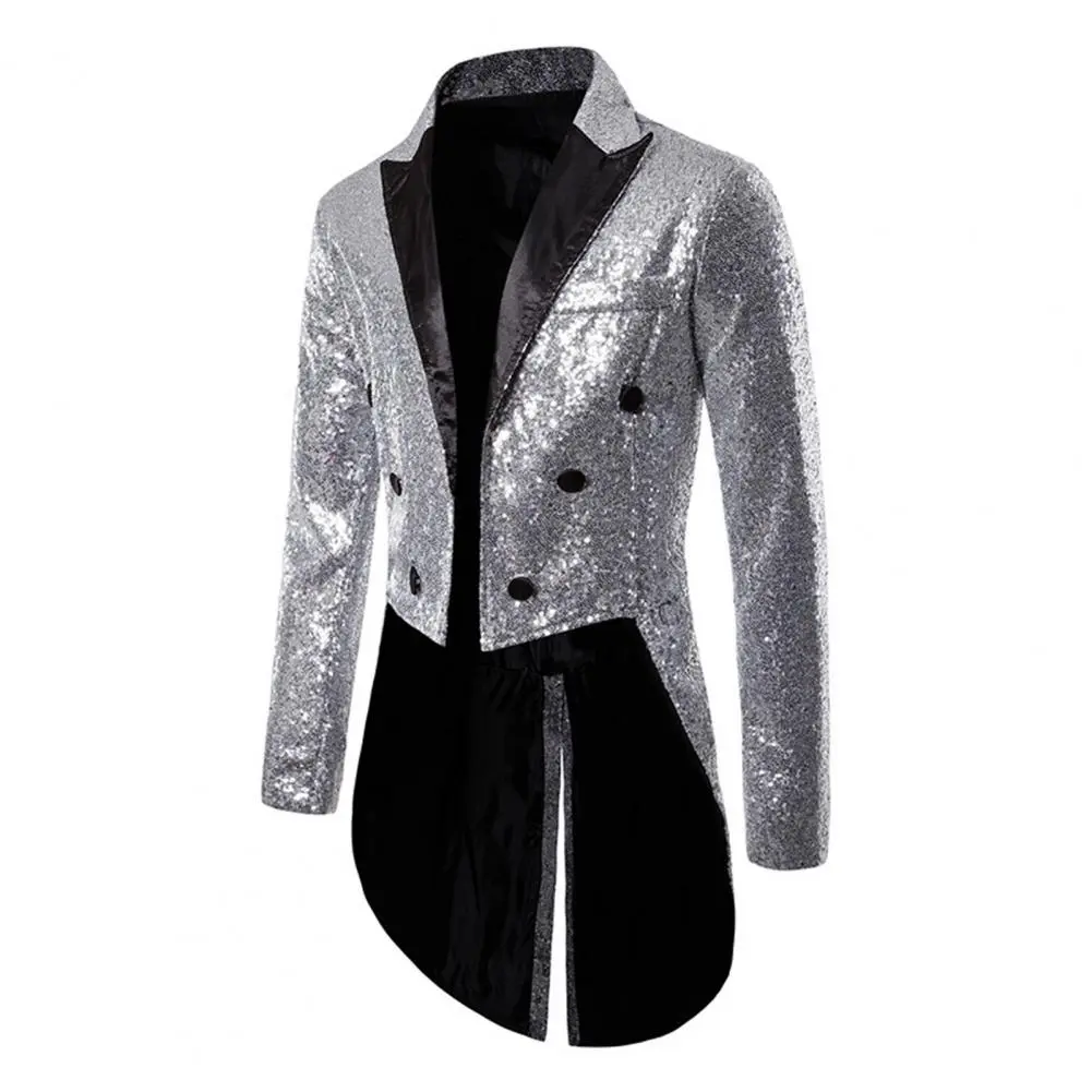 Party Sequin Sparkly Sequin Coat Men Shiny Sequin Glitter Jacket Stand Collar Split Hem Nightclub Prom Suit Coat