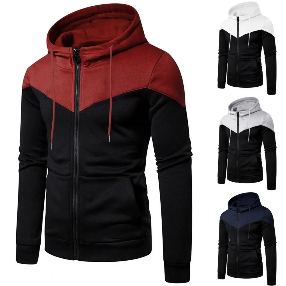 Men Hoodie Coat Men Sweatshirt Coat Contrast Color Hooded Sweatshirt Coat Men's Winter Jacket with Zipper Placket Long Sleeve