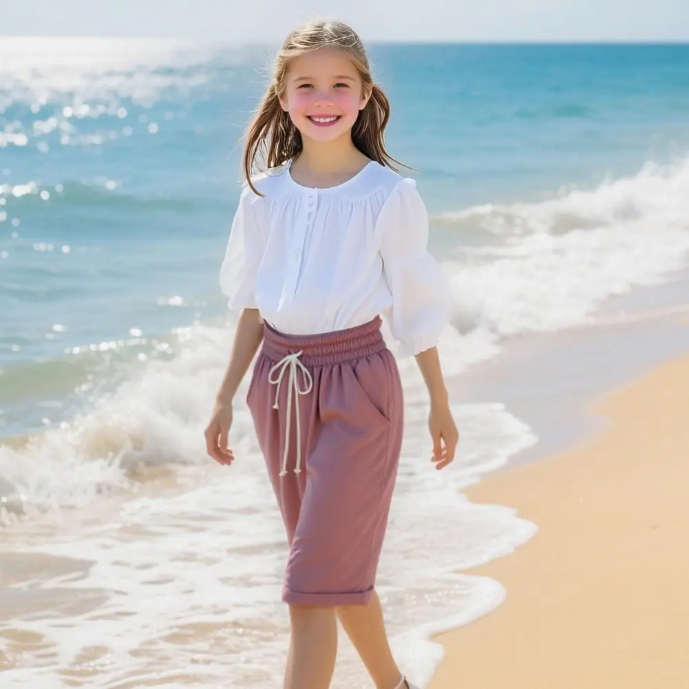 2025 fashion Girl Shorts Wide-leg Girl Shorts Stylish Girl Summer Shorts with Elastic Waist Drawstring Loose Fit Wide for A