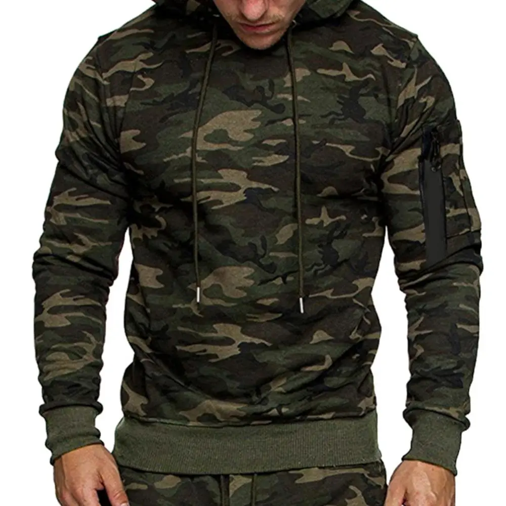 Men Hoodie Casual Long Sleeve Camouflage Print Drawstring Hooded Sweatshirt Sportswear Casual Hooded Zipper Pocket Pullover