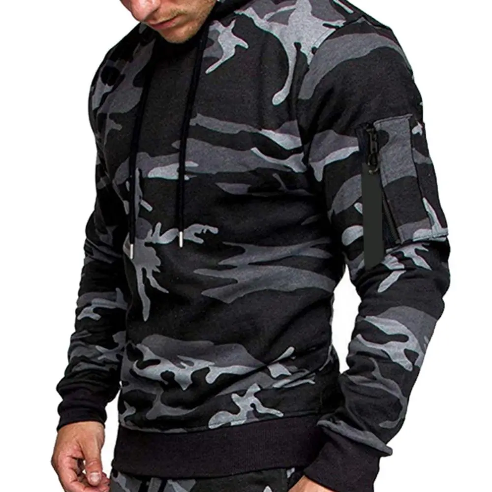 Men Hoodie Casual Long Sleeve Camouflage Print Drawstring Hooded Sweatshirt Sportswear Casual Hooded Zipper Pocket Pullover