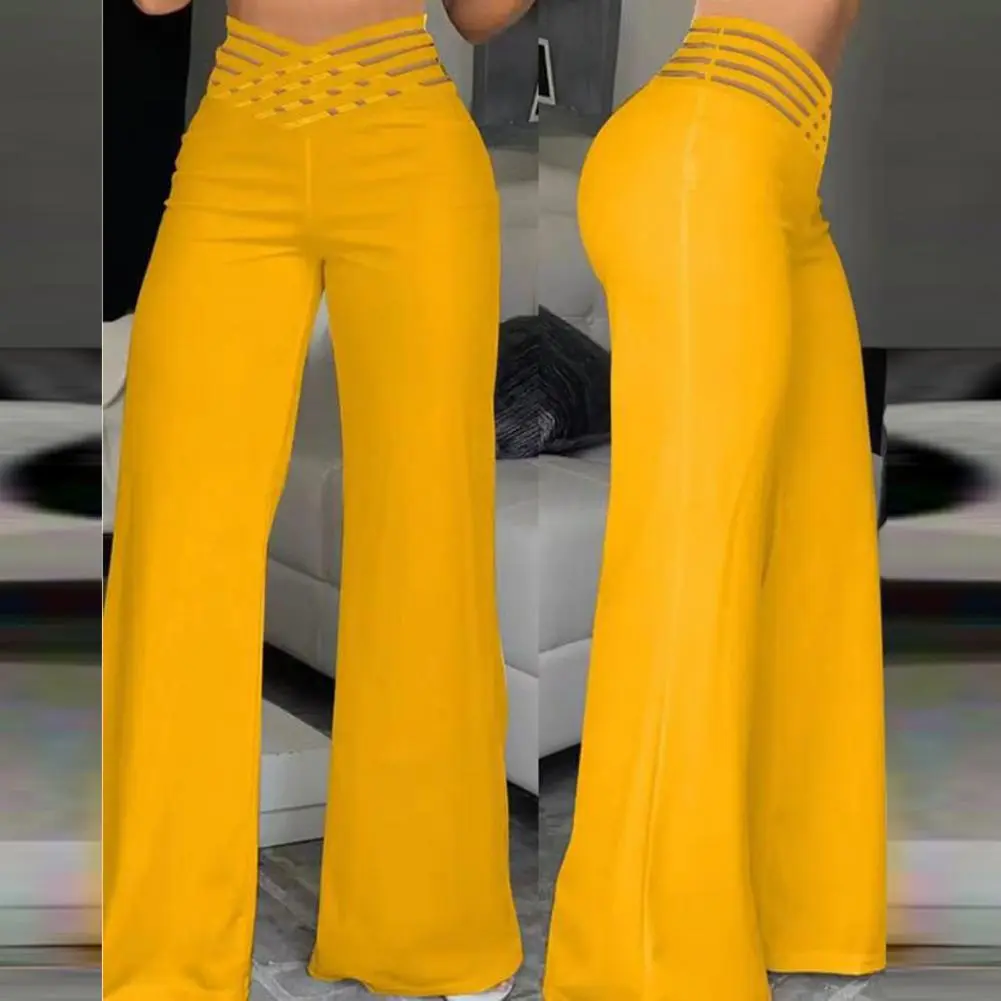 2025 Women Flared Pants Hollow Wide Waistband Long Pants High Waist Solid Color Wide Leg Flared Trousers Yoga Sport Gym Pants