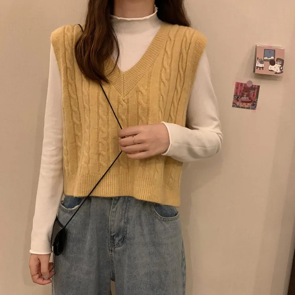 Korean Style Women Sweater Vest Twisted Texture V Neck Knitted Sweater Vest Autumn Winter Thermal Female Vest Solid Color Jumper