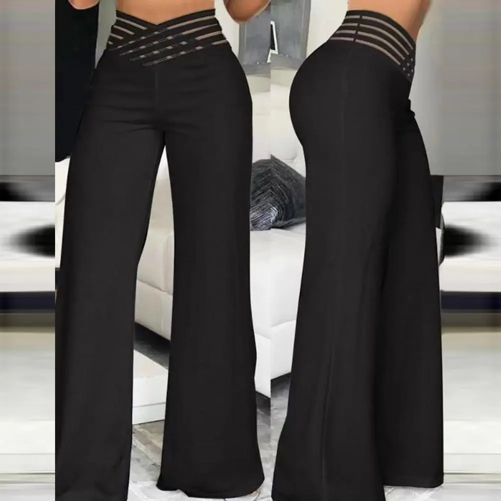 2025 Women Flared Pants Hollow Wide Waistband Long Pants High Waist Solid Color Wide Leg Flared Trousers Yoga Sport Gym Pants