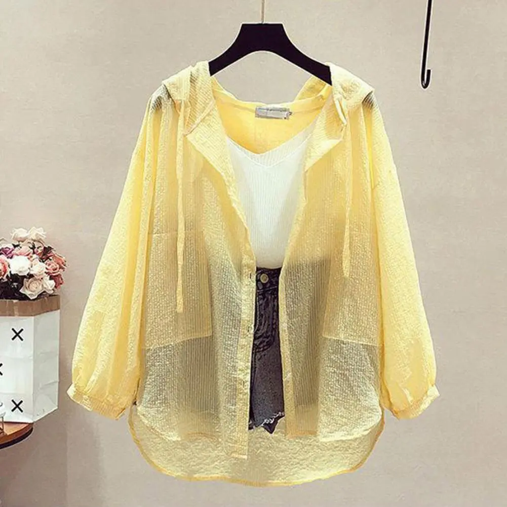 Summer Sunscreen Shirt Elegant Perspective Thin Chiffon Blouse Korean Harajuku See Through Loose Top Casual Women's Shirt