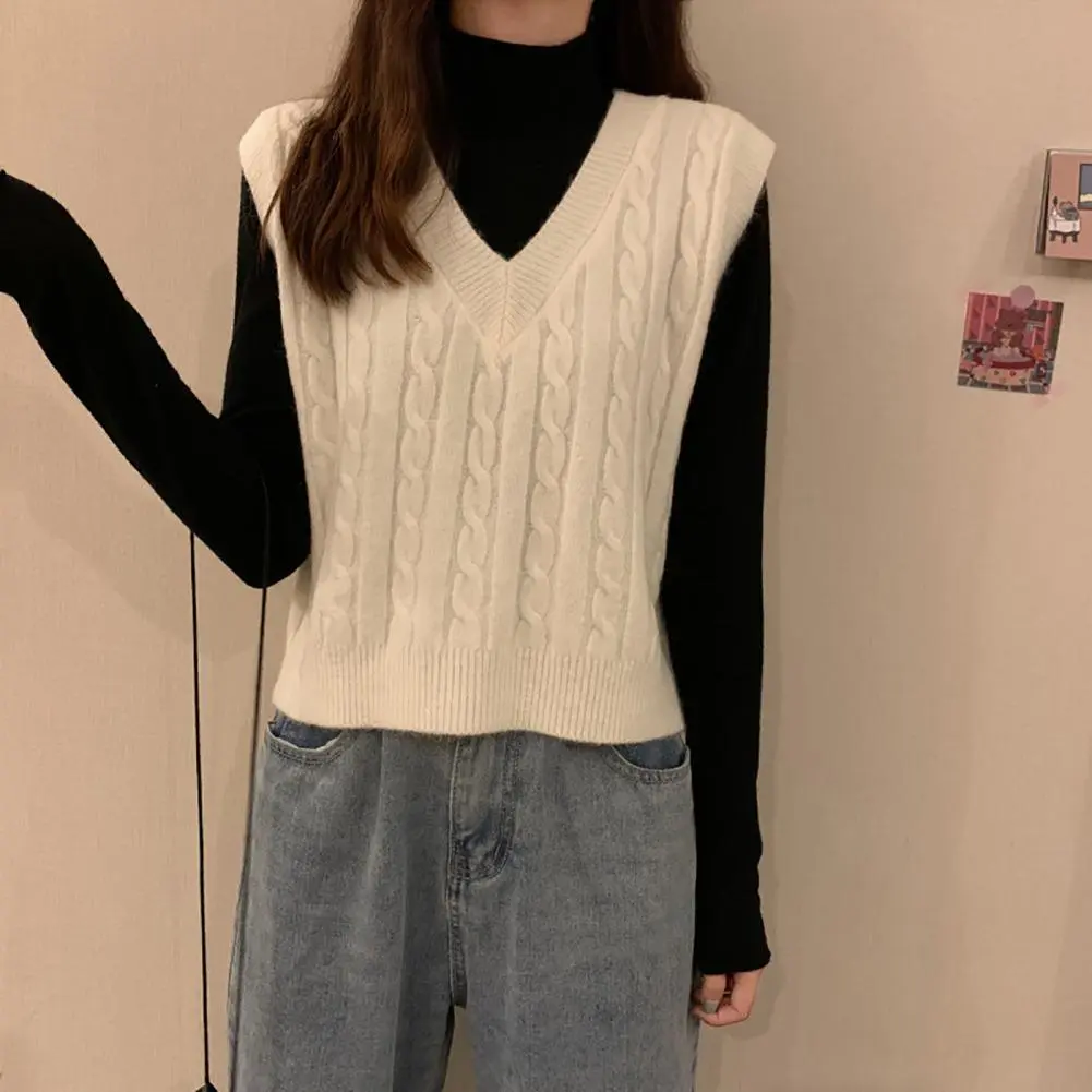 Korean Style Women Sweater Vest Twisted Texture V Neck Knitted Sweater Vest Autumn Winter Thermal Female Vest Solid Color Jumper