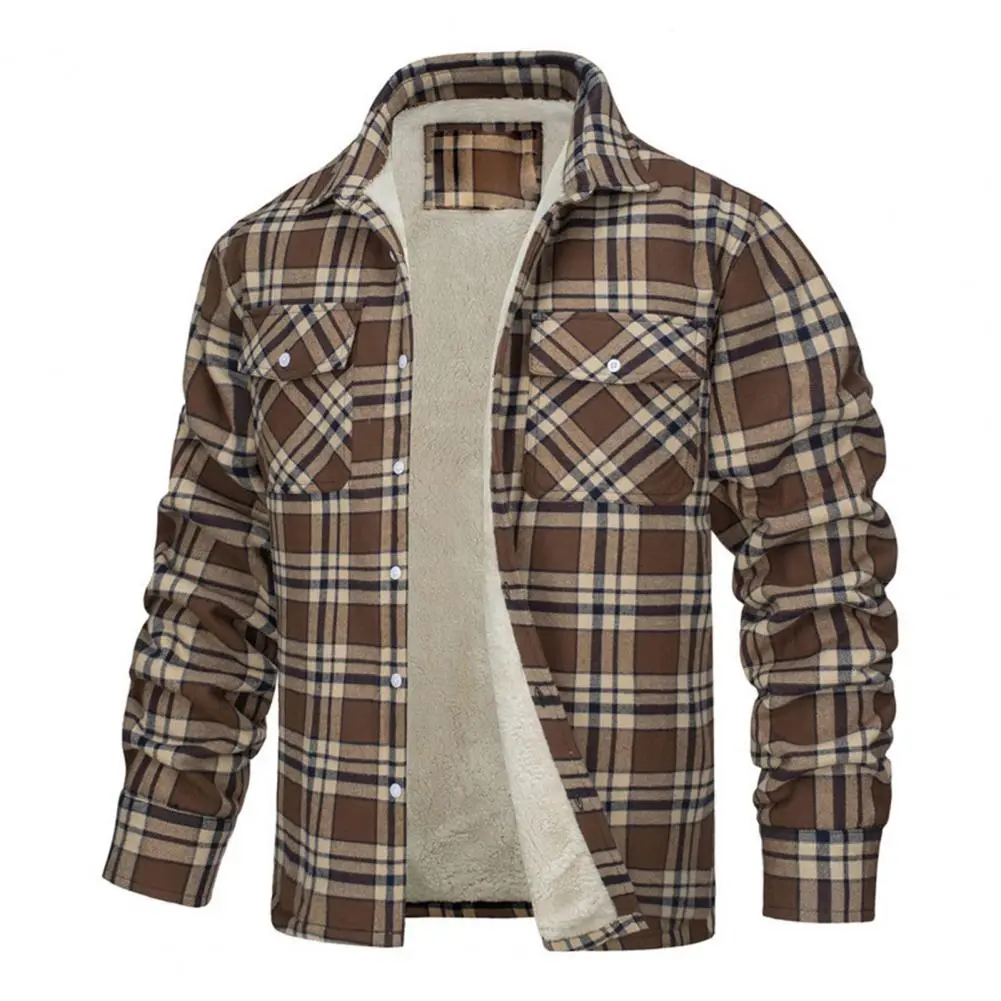 Men Plaid Jacket Soft Plush Chest Pocket Men Winter Coat shirt type Winter Outerwear Color-blocking Thickened Men Winter Jacket