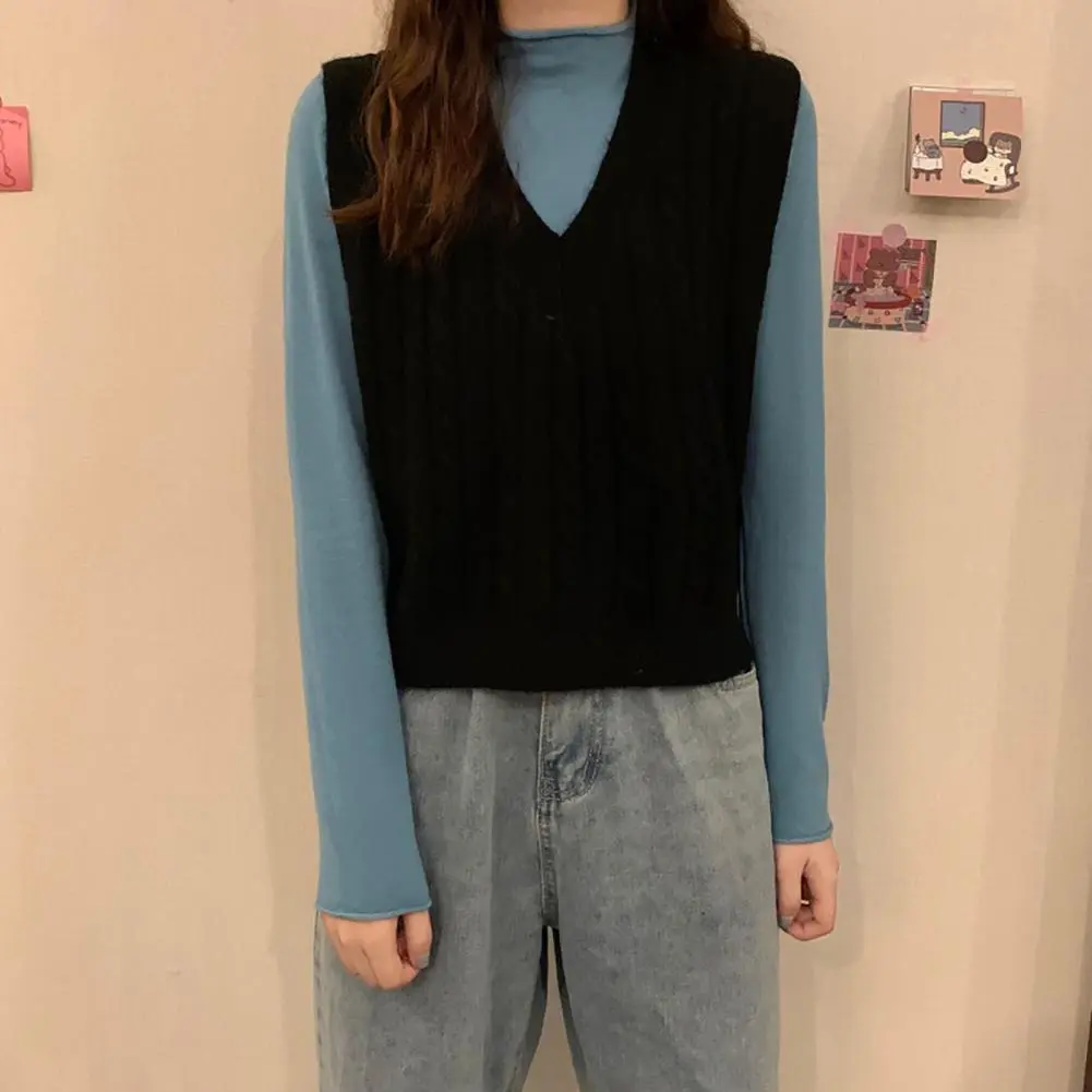Korean Style Women Sweater Vest Twisted Texture V Neck Knitted Sweater Vest Autumn Winter Thermal Female Vest Solid Color Jumper