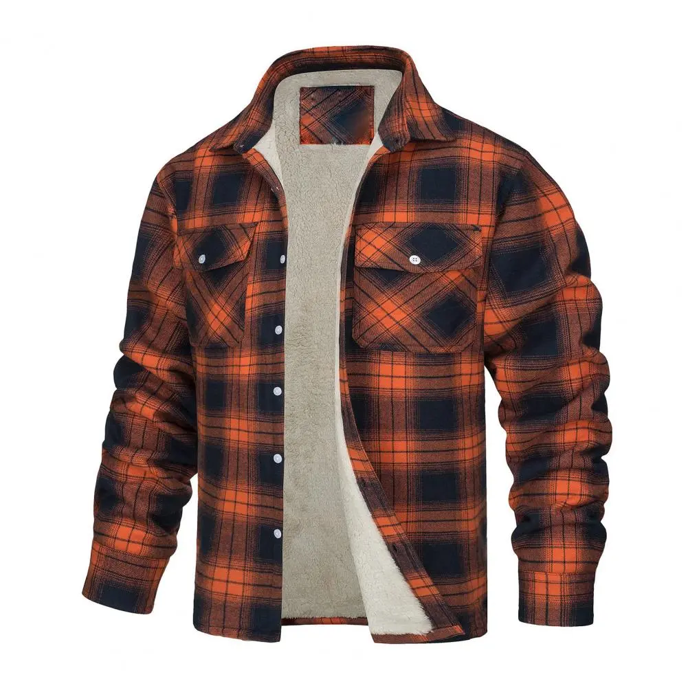 Men Plaid Jacket Soft Plush Chest Pocket Men Winter Coat shirt type Winter Outerwear Color-blocking Thickened Men Winter Jacket