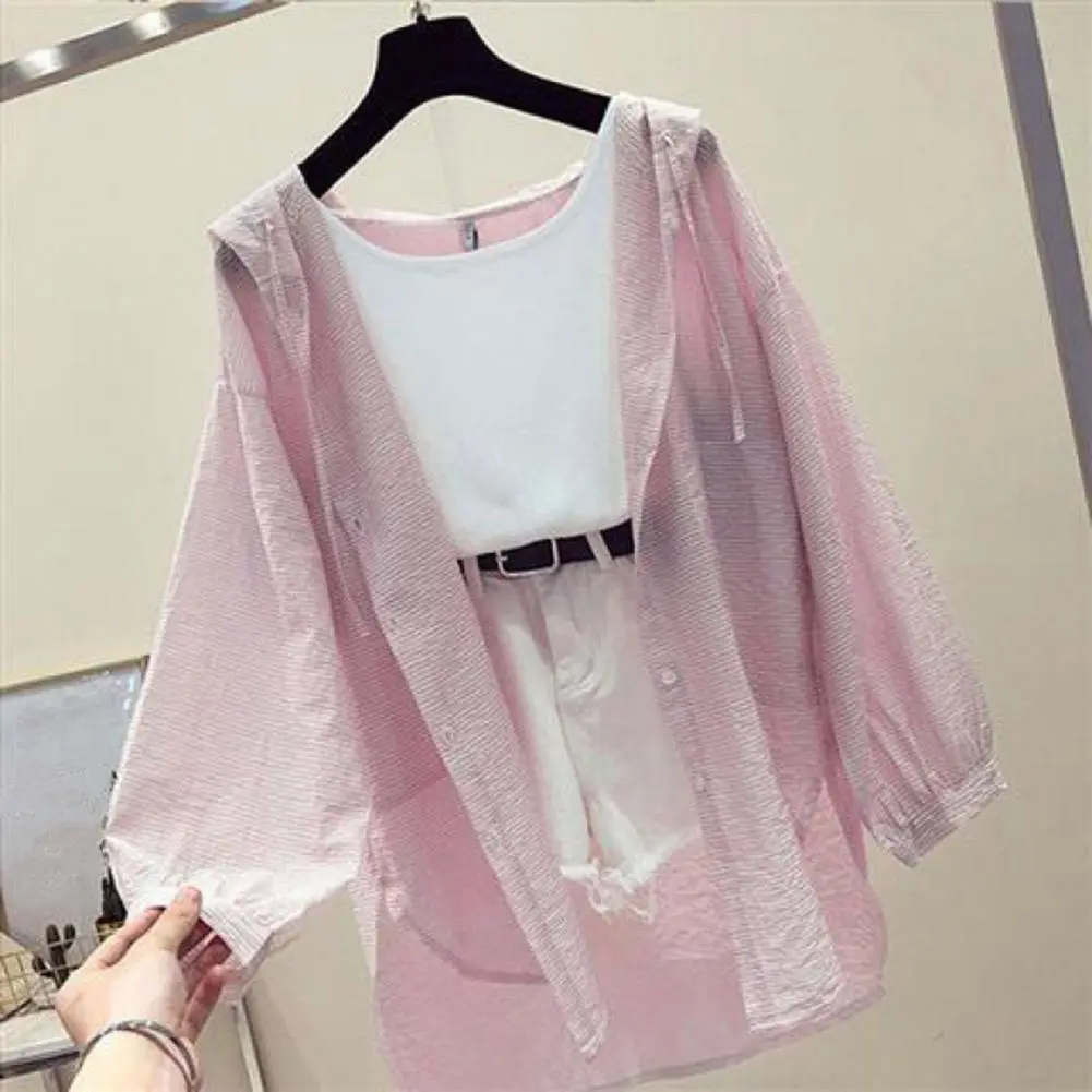 Summer Sunscreen Shirt Elegant Perspective Thin Chiffon Blouse Korean Harajuku See Through Loose Top Casual Women's Shirt